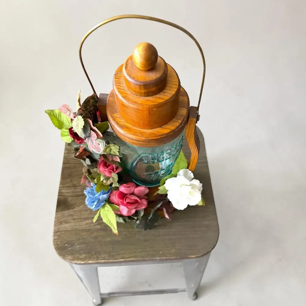 Vintage Handmade Wood Candle Lantern Aqua Perfect Mason Jar Silk Flowers